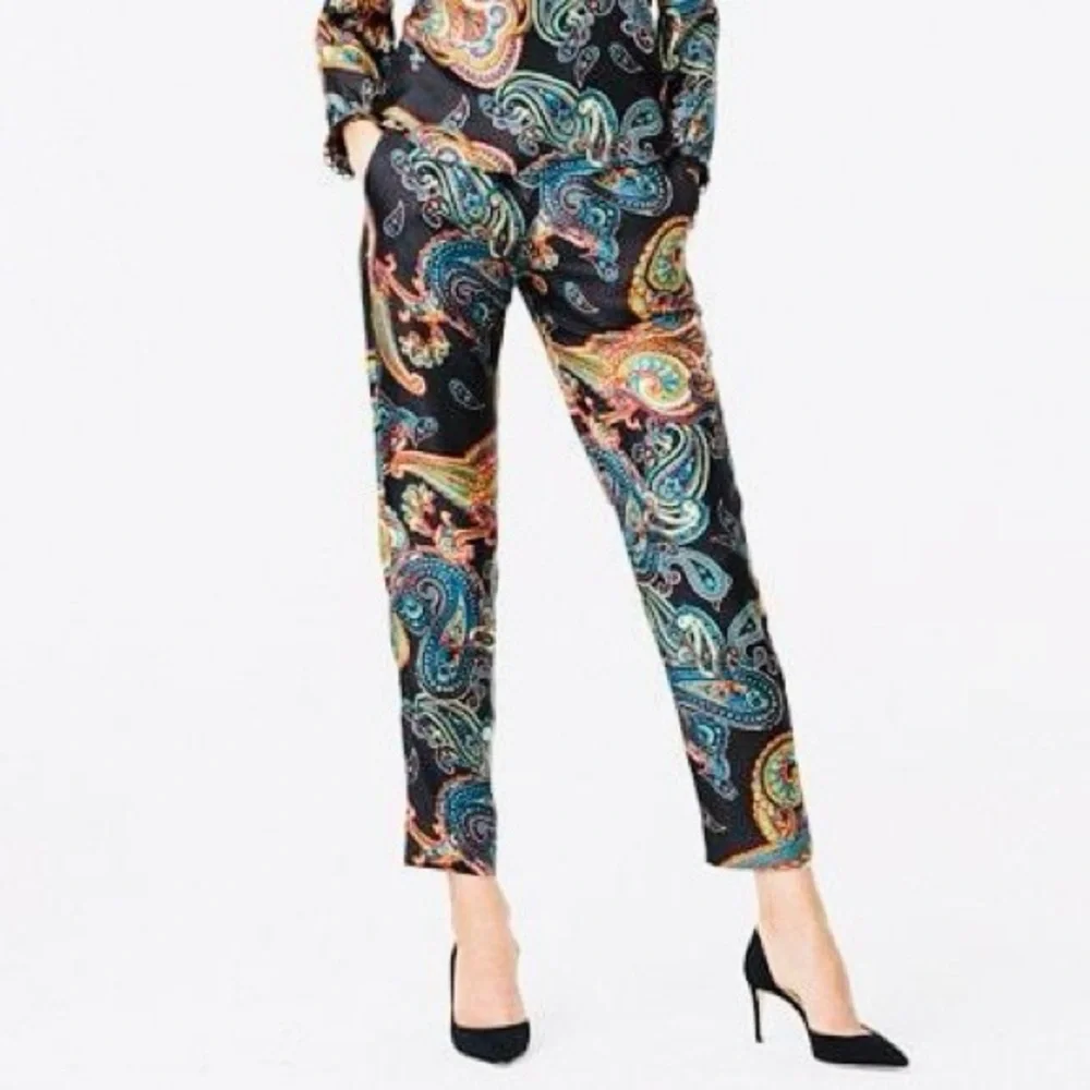 J. CREW 100% Silk Pull-On Pants Black Gold Blue Red Paisley w Pockets